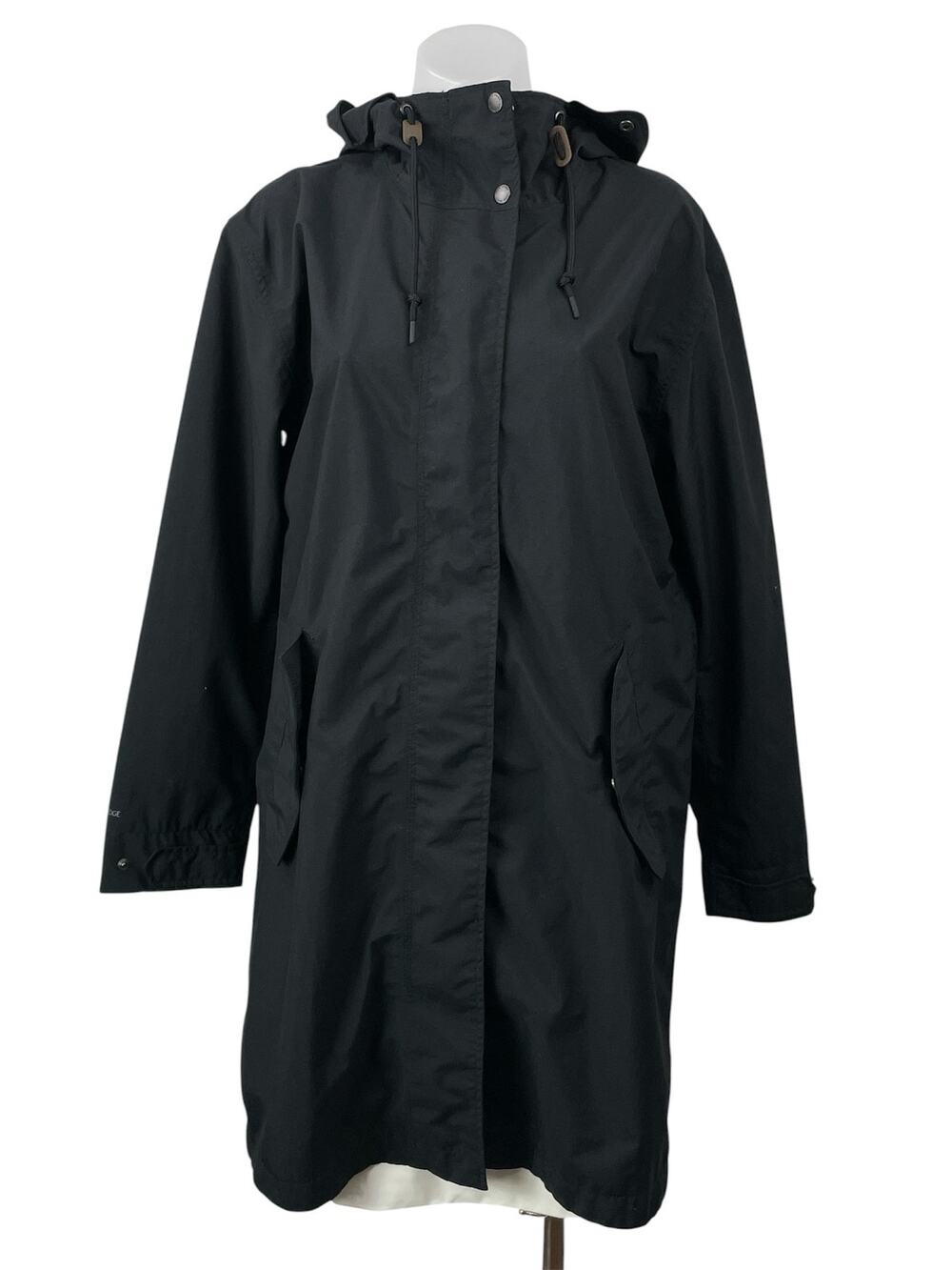 Eddie Bauer Black Long Sleeves Front Zip Hooded Mid Length Raincoat Jacket Sz S